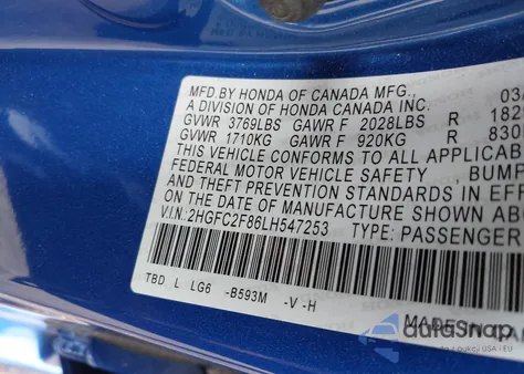 2020 Honda Civic Sport из США, поврежденный, VIN 2HGFC2F86LH547253